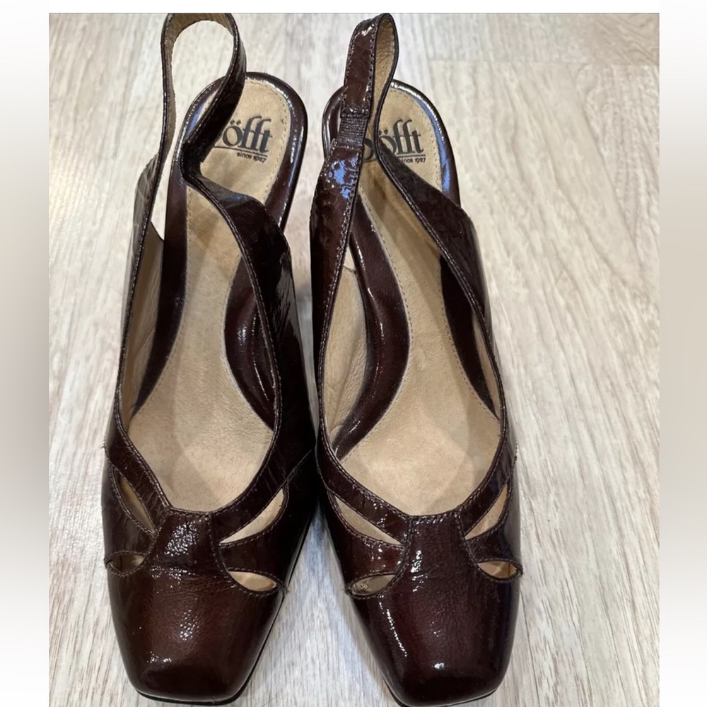 Sofft Brown Patent Leather Slingback Shoes with Square Toe . 8.5  Vintage Style